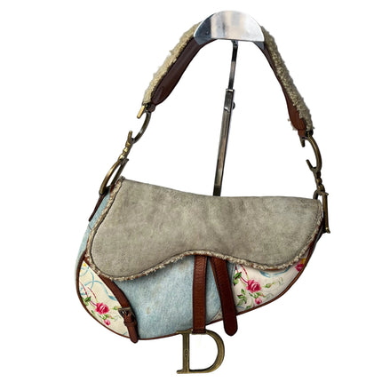 Dior Saddle 2004 Shearling Denim and Floral Shoulder Bag