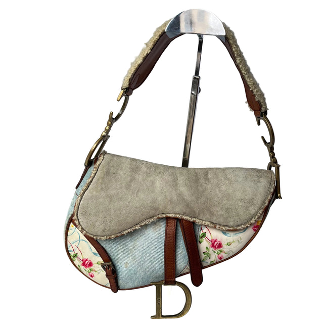 Dior Saddle 2004 Shearling Denim and Floral Shoulder Bag-Luxbags