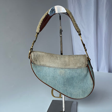 Dior Saddle 2004 Shearling Denim and Floral Shoulder Bag