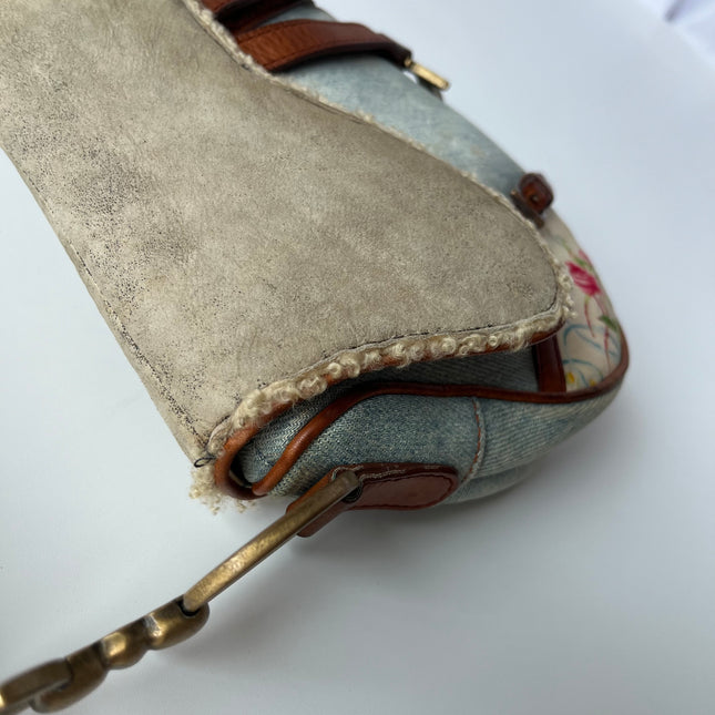 Dior Saddle 2004 Shearling Denim and Floral Shoulder Bag