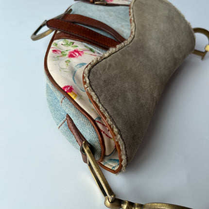 Dior Saddle 2004 Shearling Denim and Floral Shoulder Bag