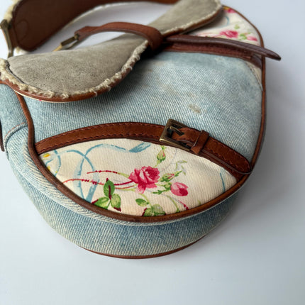 Dior Saddle 2004 Shearling Denim and Floral Shoulder Bag