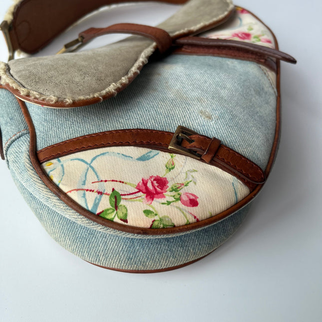 Dior Saddle 2004 Shearling Denim and Floral Shoulder Bag