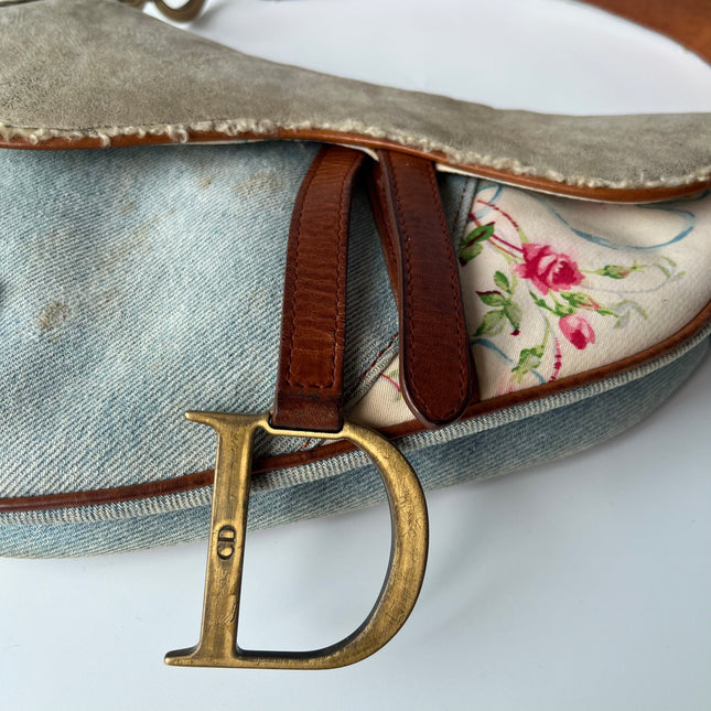 Dior Saddle 2004 Shearling Denim and Floral Shoulder Bag