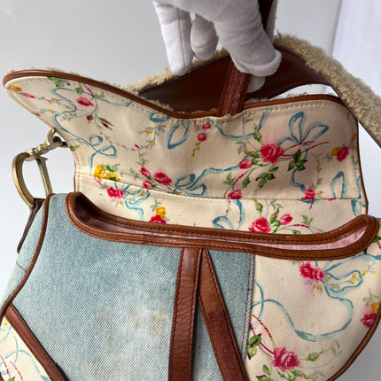 Dior Saddle 2004 Shearling Denim and Floral Shoulder Bag