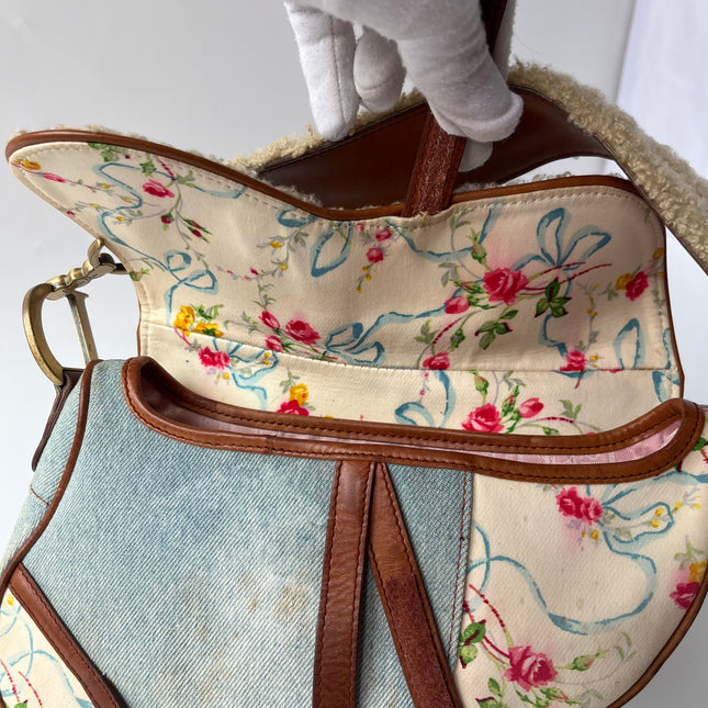 Dior Saddle 2004 Shearling Denim and Floral Shoulder Bag