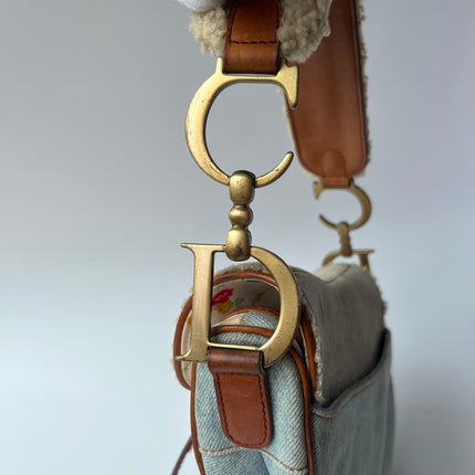 Dior Saddle 2004 Shearling Denim and Floral Shoulder Bag