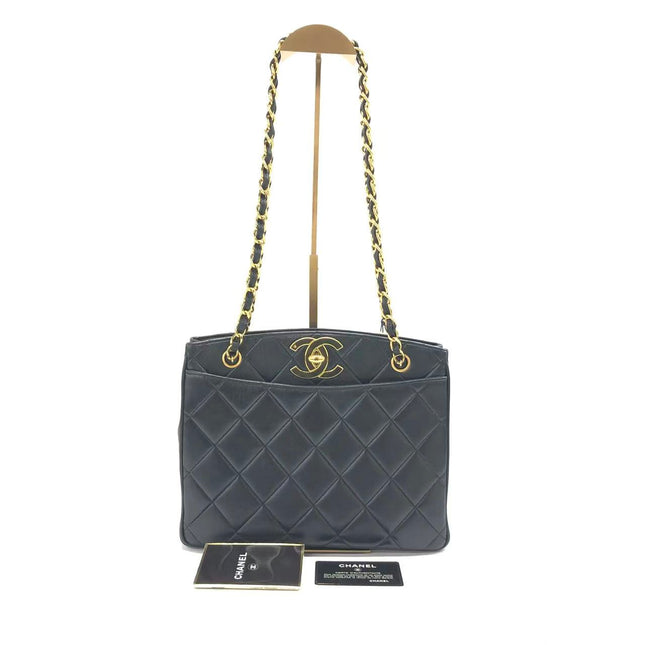 Chanel Vintage XL CC Black Quilted Lambskin Leather Tote Small