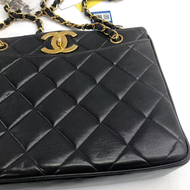 Chanel Vintage XL CC Black Quilted Lambskin Leather Tote Small