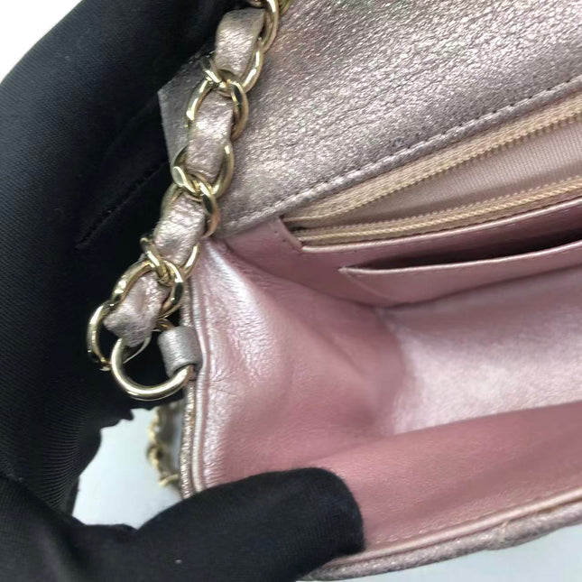 Chanel Classic Flap Mini Metallic Pink Lambskin Leather Gold Hardware