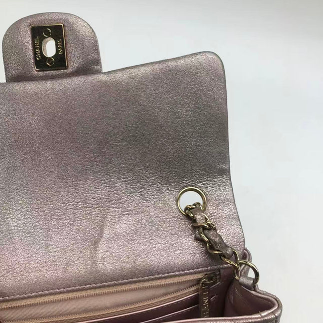 Chanel Classic Flap Mini Metallic Pink Lambskin Leather Gold Hardware