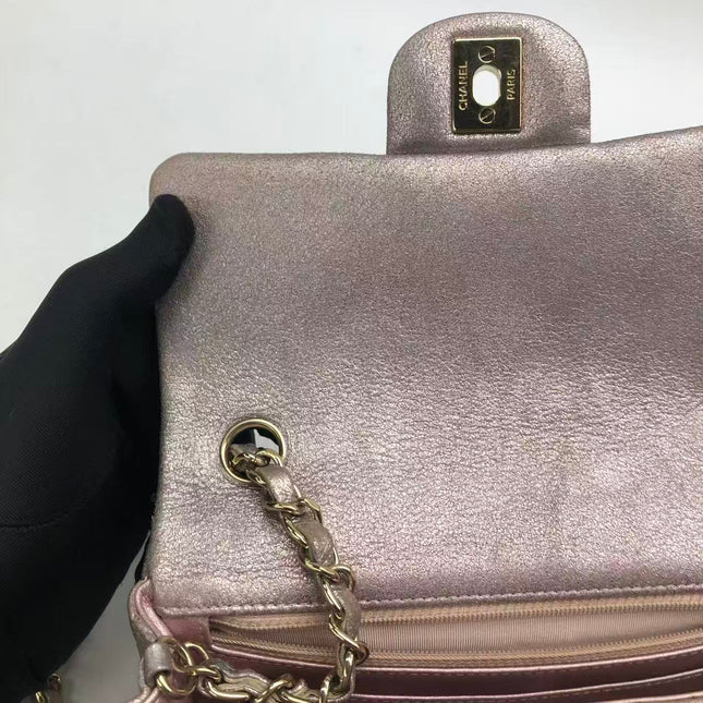 Chanel Classic Flap Mini Metallic Pink Lambskin Leather Gold Hardware