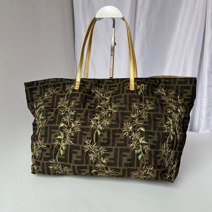 Fendi Tote Zucca Canvas with Golden Flower Embroidery