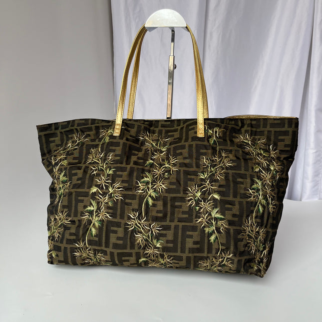 Fendi Tote Zucca Canvas with Golden Flower Embroidery