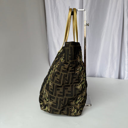 Fendi Tote Zucca Canvas with Golden Flower Embroidery