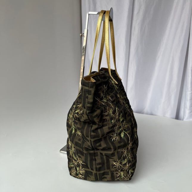 Fendi Tote Zucca Canvas with Golden Flower Embroidery