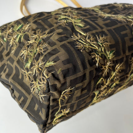 Fendi Tote Zucca Canvas with Golden Flower Embroidery