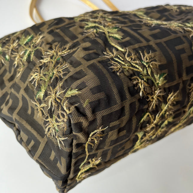 Fendi Tote Zucca Canvas with Golden Flower Embroidery