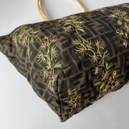 Fendi Tote Zucca Canvas with Golden Flower Embroidery