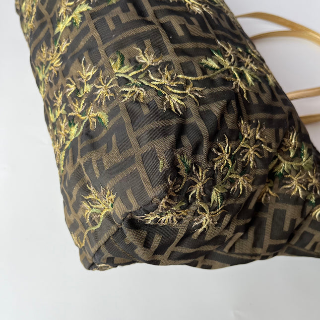 Fendi Tote Zucca Canvas with Golden Flower Embroidery