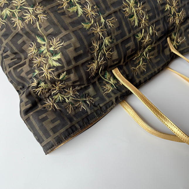 Fendi Tote Zucca Canvas with Golden Flower Embroidery