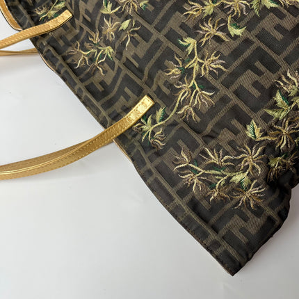 Fendi Tote Zucca Canvas with Golden Flower Embroidery