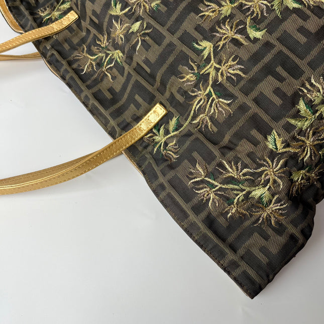 Fendi Tote Zucca Canvas with Golden Flower Embroidery