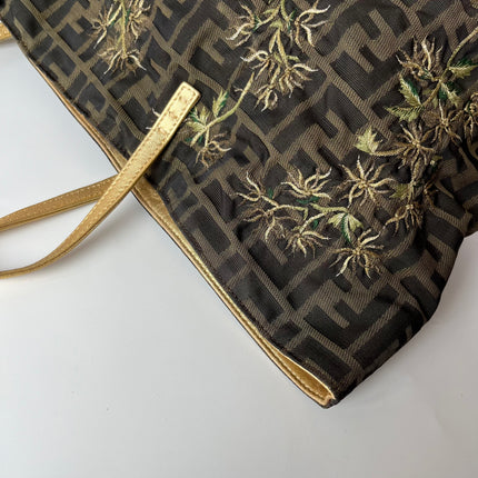 Fendi Tote Zucca Canvas with Golden Flower Embroidery