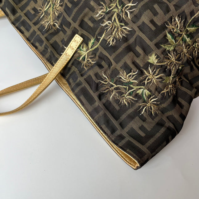 Fendi Tote Zucca Canvas with Golden Flower Embroidery