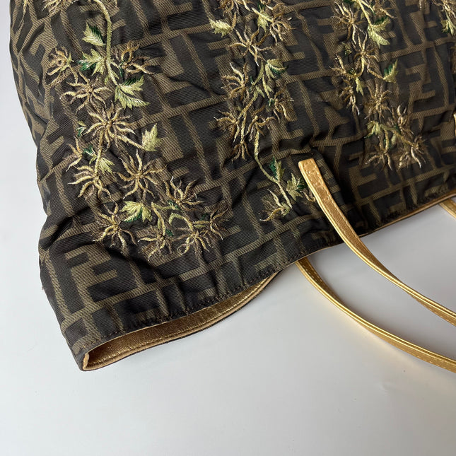 Fendi Tote Zucca Canvas with Golden Flower Embroidery