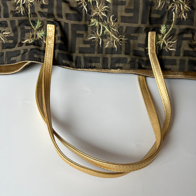 Fendi Tote Zucca Canvas with Golden Flower Embroidery