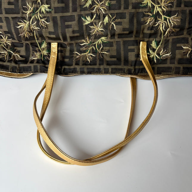 Fendi Tote Zucca Canvas with Golden Flower Embroidery