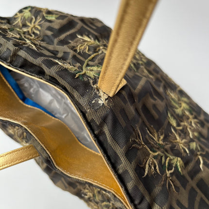 Fendi Tote Zucca Canvas with Golden Flower Embroidery