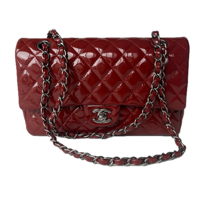 Chanel Classic Flap Medium Cherry Red Patent Leather Silver Hardware