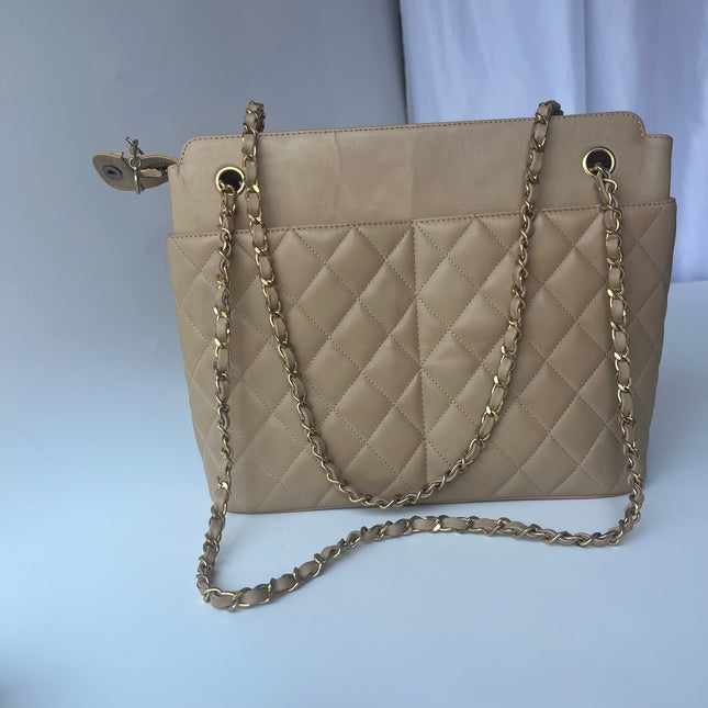 Chanel Vintage Beige Quilted Lambskin Tote Bag Gold Hardware