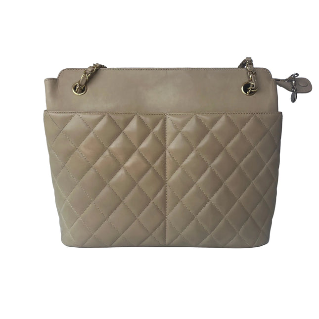 Chanel Vintage Beige Quilted Lambskin Tote Bag Gold Hardware