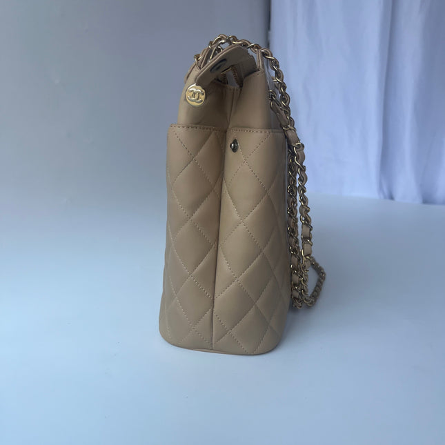 Chanel Vintage Beige Quilted Lambskin Tote Bag Gold Hardware