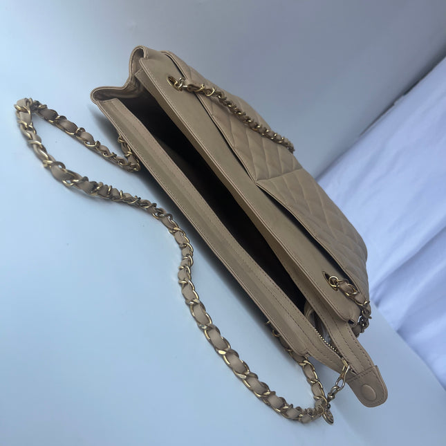 Chanel Vintage Beige Quilted Lambskin Tote Bag Gold Hardware