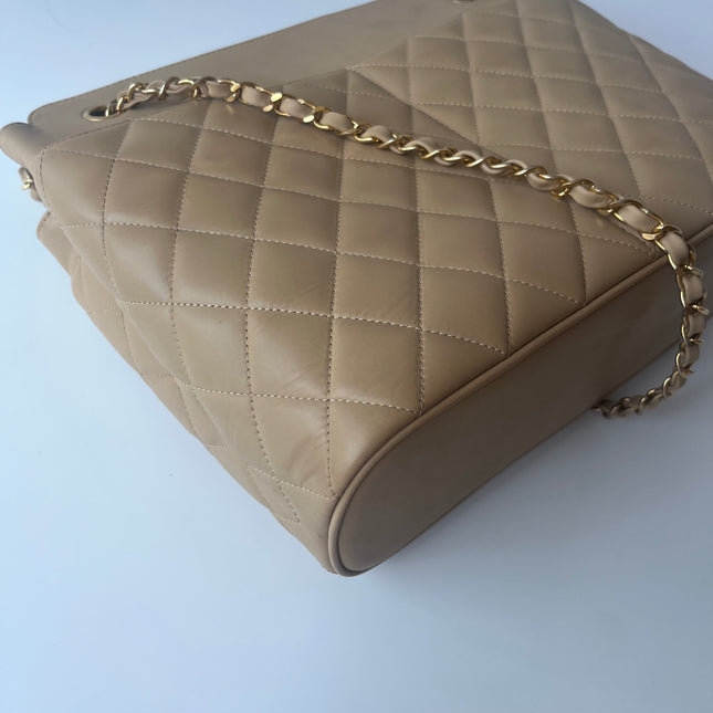 Chanel Vintage Beige Quilted Lambskin Tote Bag Gold Hardware