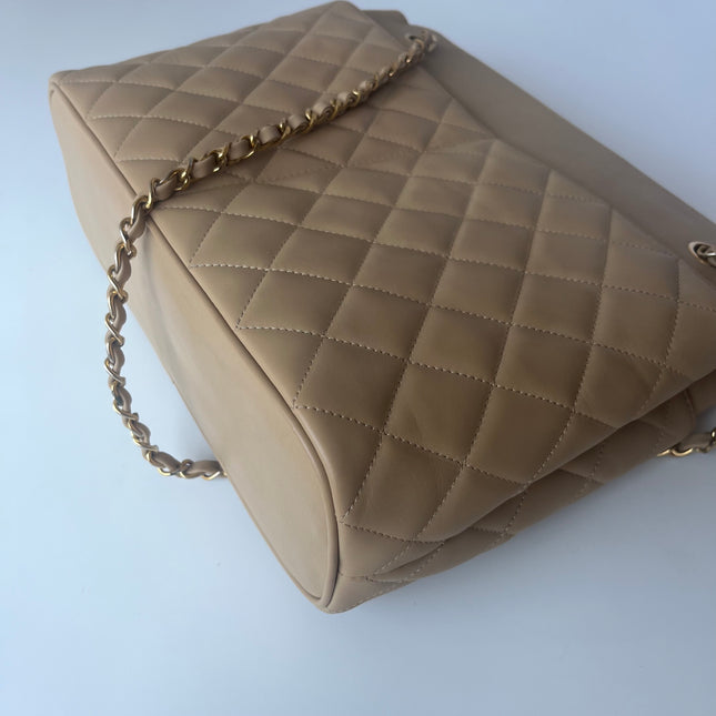 Chanel Vintage Beige Quilted Lambskin Tote Bag Gold Hardware