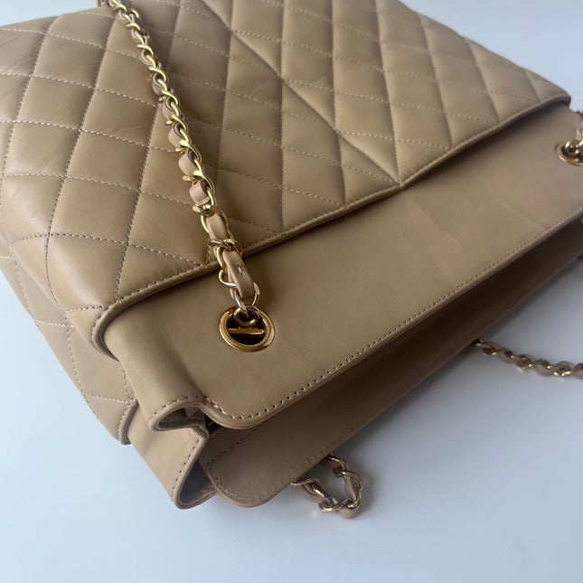 Chanel Vintage Beige Quilted Lambskin Tote Bag Gold Hardware