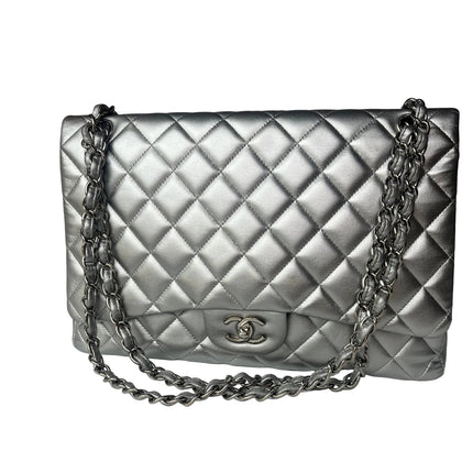 [Rare] Chanel Classic Flap Maxi Silver Lambskin Leather Single Flap Silver Hardware 2011