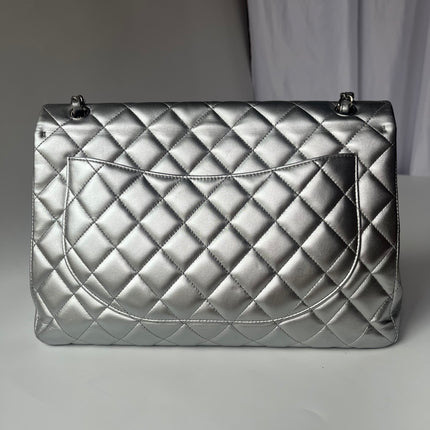 [Rare] Chanel Classic Flap Maxi Silver Lambskin Leather Single Flap Silver Hardware 2011
