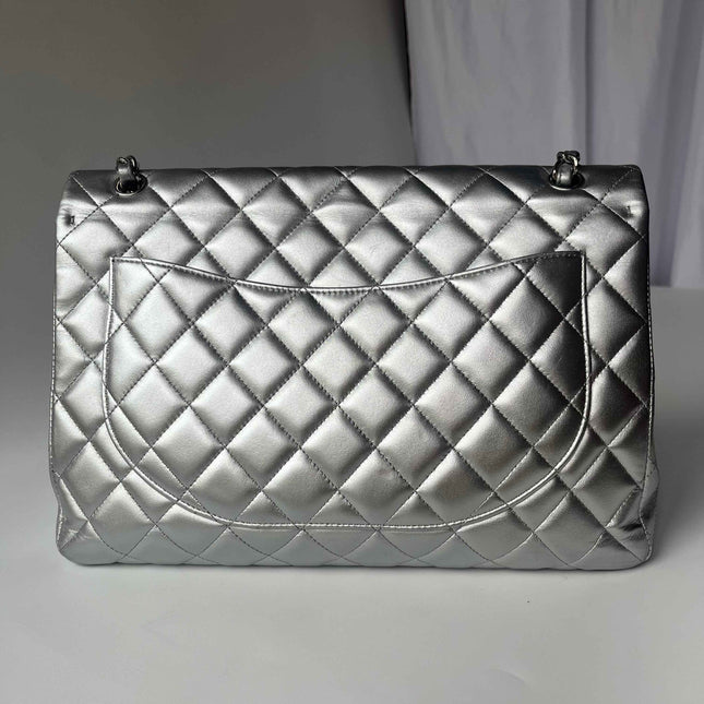[Rare] Chanel Classic Flap Maxi Silver Lambskin Leather Single Flap Silver Hardware 2011