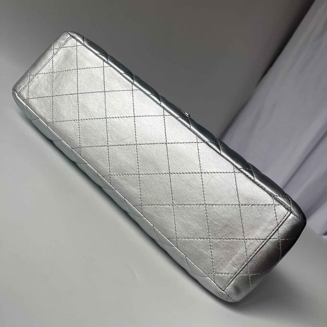 [Rare] Chanel Classic Flap Maxi Silver Lambskin Leather Single Flap Silver Hardware 2011