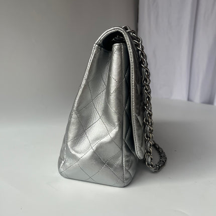 [Rare] Chanel Classic Flap Maxi Silver Lambskin Leather Single Flap Silver Hardware 2011