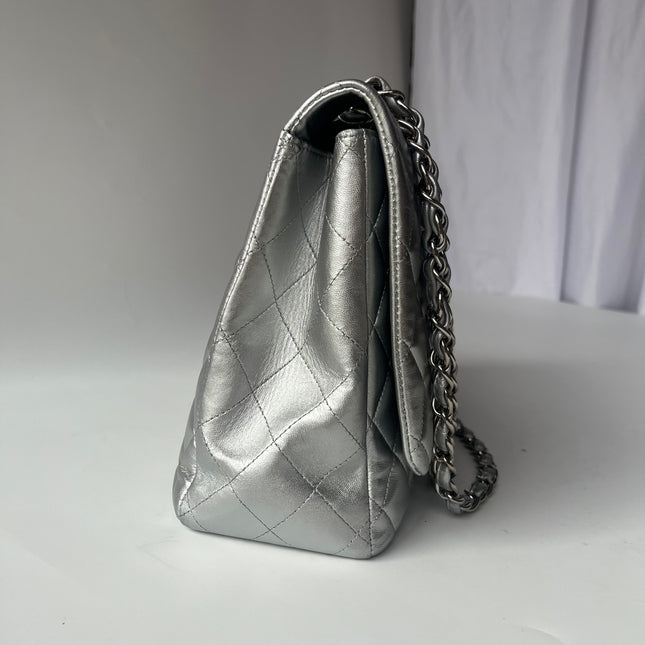 [Rare] Chanel Classic Flap Maxi Silver Lambskin Leather Single Flap Silver Hardware 2011