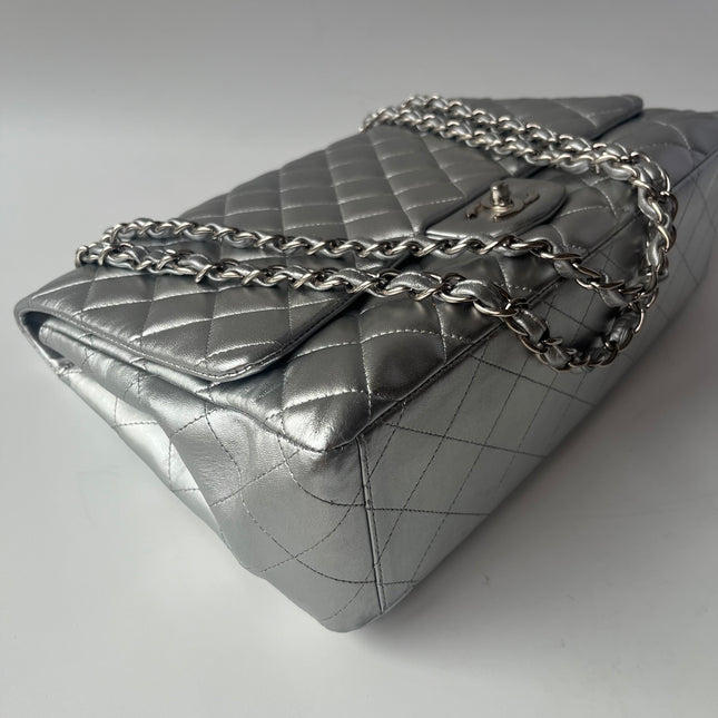 [Rare] Chanel Classic Flap Maxi Silver Lambskin Leather Single Flap Silver Hardware 2011