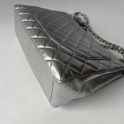 [Rare] Chanel Classic Flap Maxi Silver Lambskin Leather Single Flap Silver Hardware 2011
