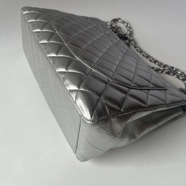 [Rare] Chanel Classic Flap Maxi Silver Lambskin Leather Single Flap Silver Hardware 2011